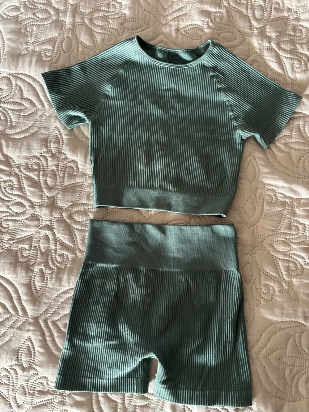 Activewear Ribbed Crop Top and High-Waist Shorts Set - Sage Green